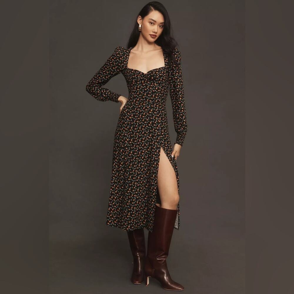 Reformation Black Floral Long Sleeve Sweetheart Neck Slit Hunt Midi Dress 0